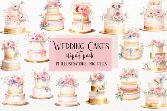 Elegant Watercolor Wedding Cake Illustrations for Your Designs