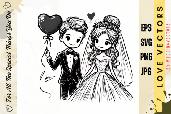 Minimalist Romance: Wedding Couple and Love Vectors - C3193