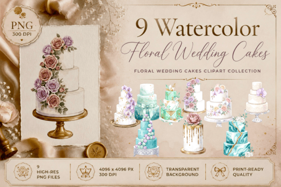 Sweet Romance: Watercolor Wedding Cake Clipart for Designers