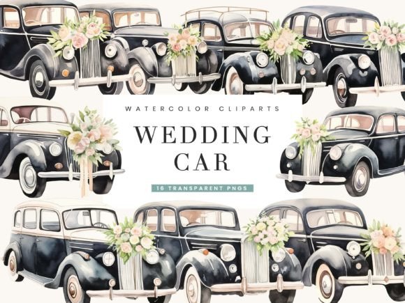 Watercolor Wedding Car Clipart Bundle: Vintage Charm for Modern Designs