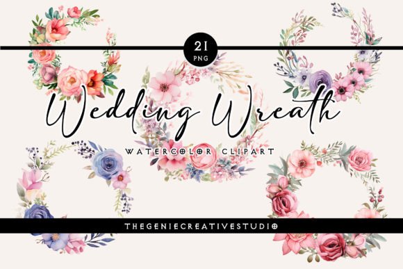 Watercolor Wedding Wreath PNG Clipart: 21 Artisan Designs