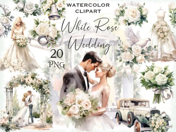 Watercolor White Rose Clipart: 20 PNGs for Your Wedding Designs